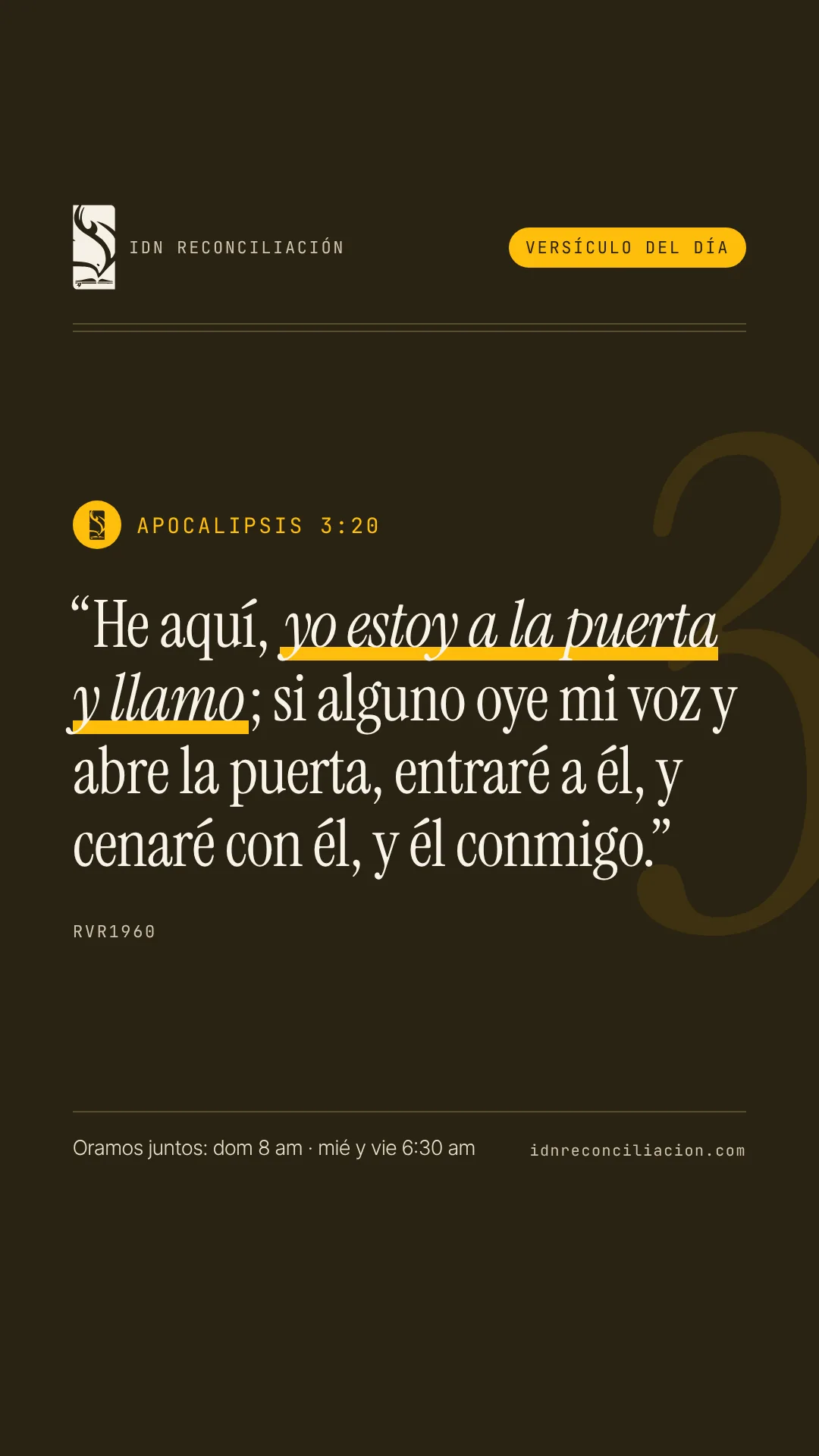 Versículo del día de IDN Reconciliación: Apocalipsis 3:20, Reina-Valera 1960