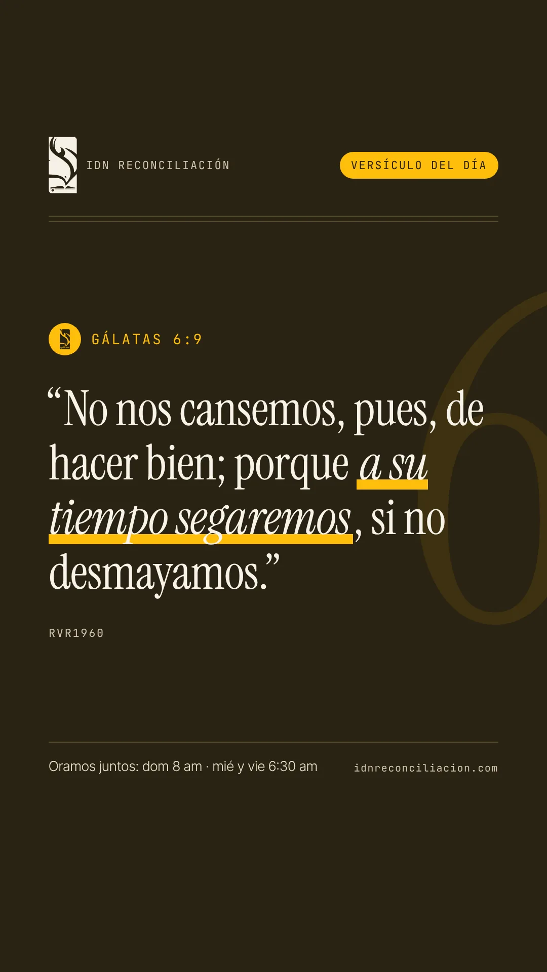 Versículo del día de IDN Reconciliación: Gálatas 6:9, Reina-Valera 1960