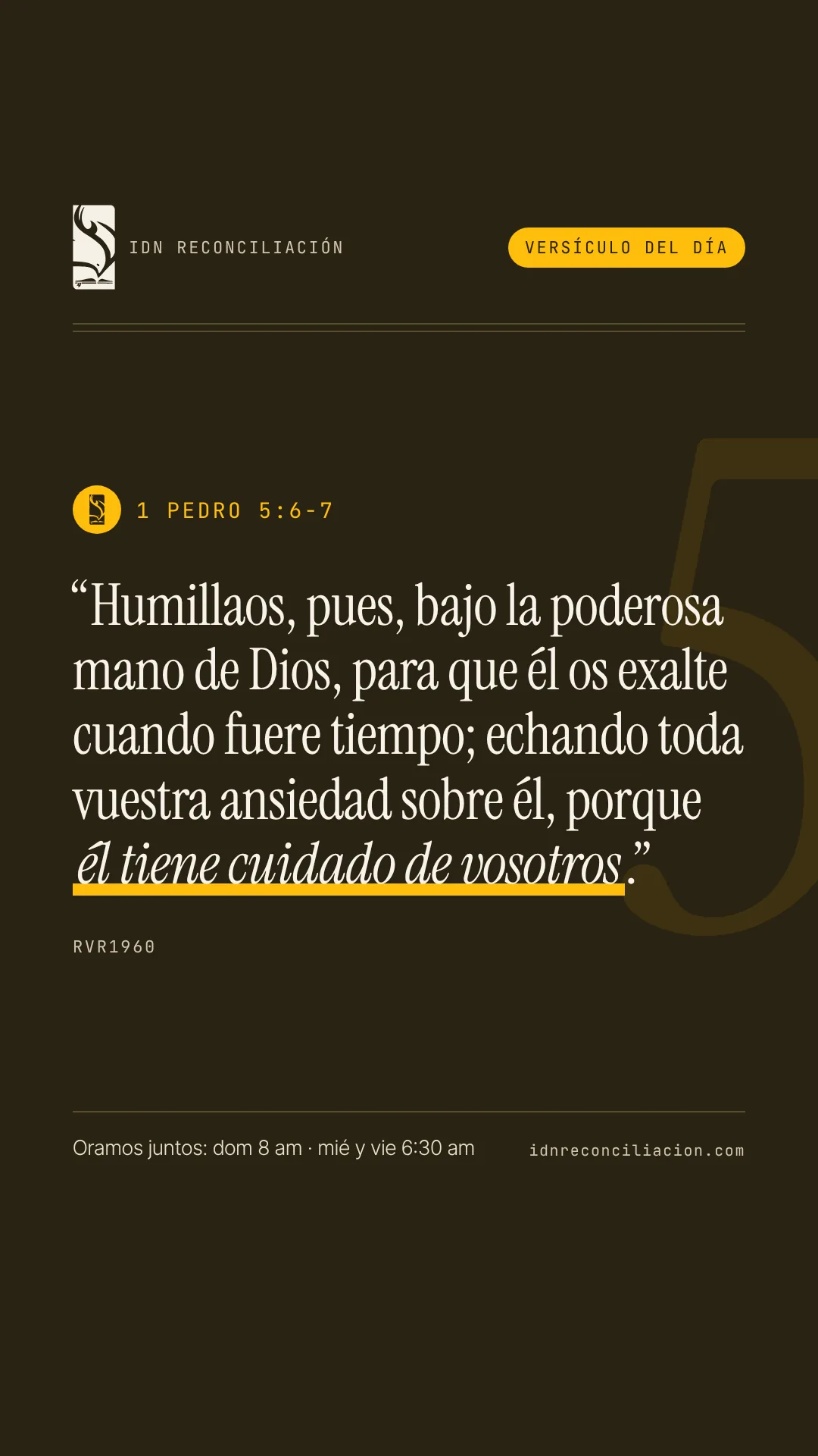Versículo del día de IDN Reconciliación: 1 Pedro 5:6-7, Reina-Valera 1960