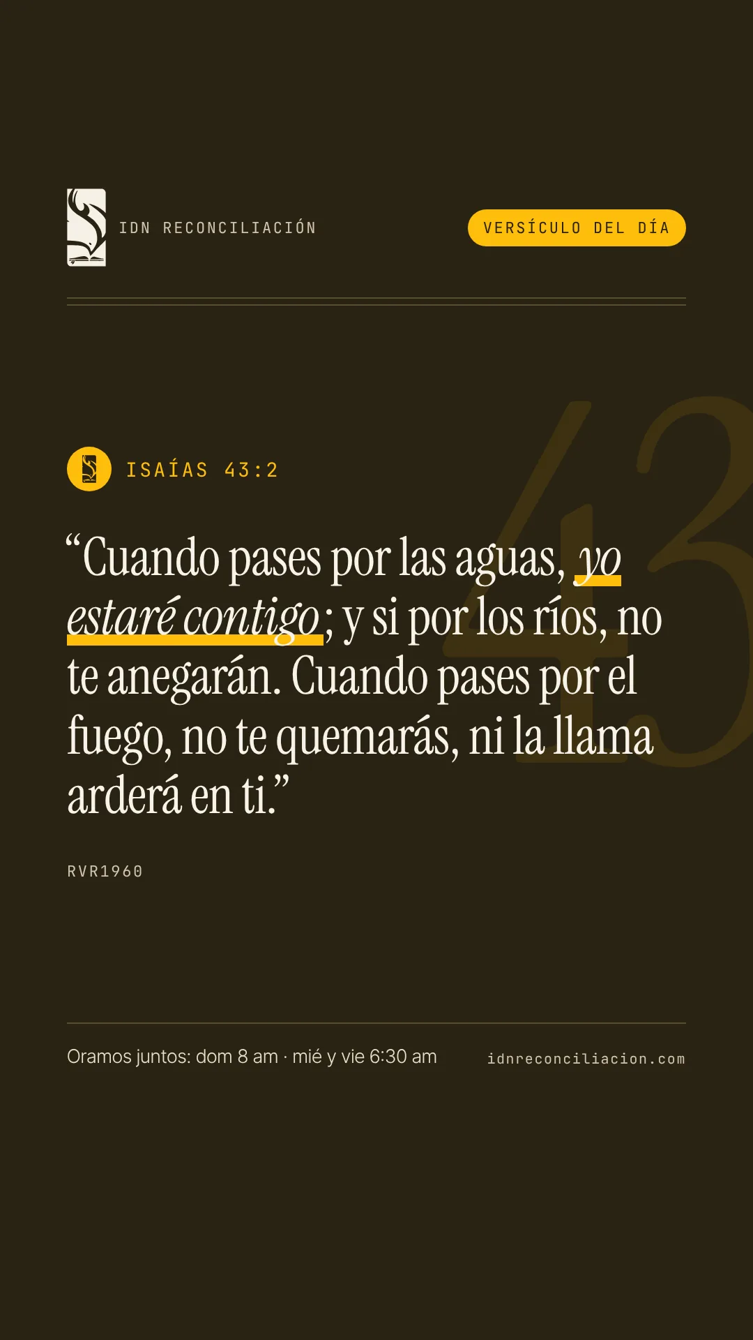 Versículo del día de IDN Reconciliación: Isaías 43:2, Reina-Valera 1960