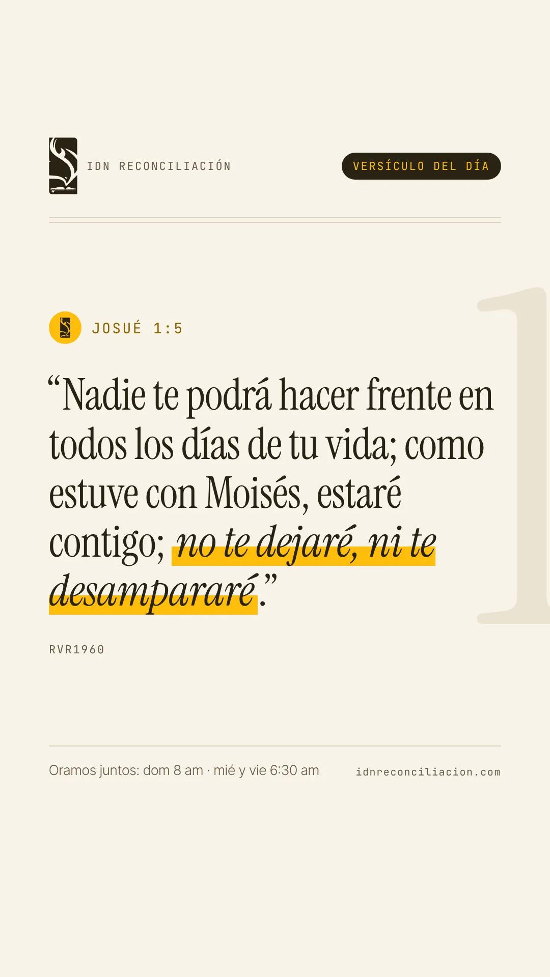 Versículo del día de IDN Reconciliación: Josué 1:5, Reina-Valera 1960