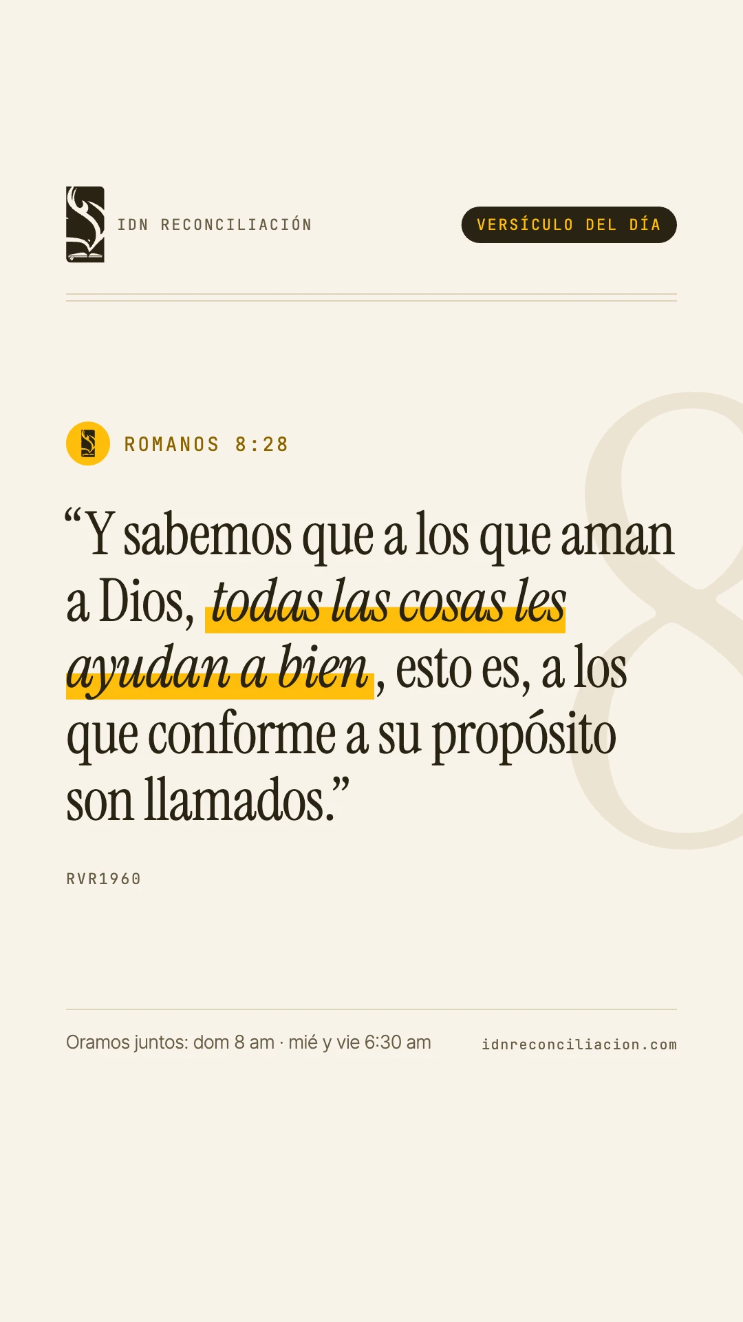 Versículo del día de IDN Reconciliación: Romanos 8:28, Reina-Valera 1960